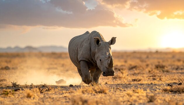 Rhino Charging Through the African Savannah at Sunset.