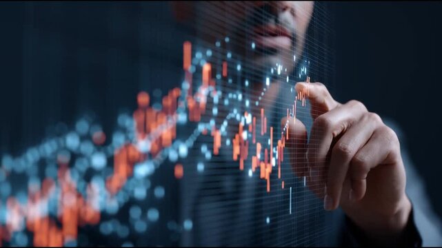 Climate transition finance  investment  technology. Carbon market development. Renewable energy growth. ESG impact. A hand interacting with a digital financial graph.