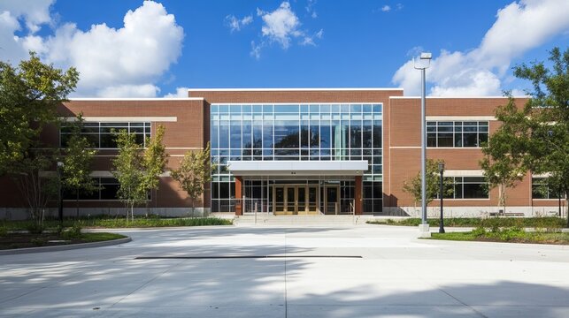 Bright exterior of a modern elementary school building with green lawn and clear sky