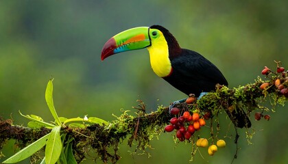 Fototapeta premium Vibrant Keel-billed Toucan Perched on Mossy Branch in Lush Rainforest.