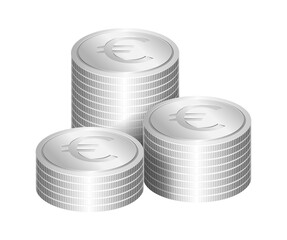 Three stacks of silver coins with Euro currency symbol embossed on the faces, arranged in regular manner. Concept of money, isolated on transparent.