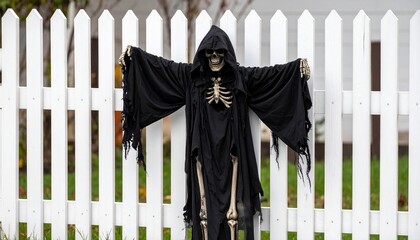 Halloween Decoration of Grim Reaper Skeleton on White Picket Fence in Broad Daylight
