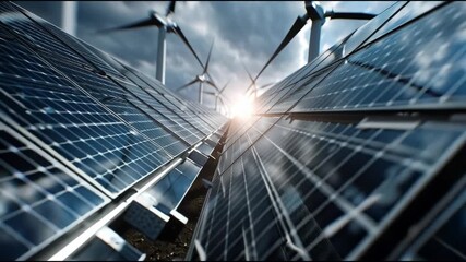 Climate transition finance  investment  technology. Carbon market development. Renewable energy growth. ESG impact. Solar panels and wind turbines under a dramatic sky. - Powered by Adobe