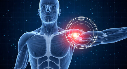 Human Muscular System with Shoulder Pain. 3D Medical Scan and Diagnosis Concept.