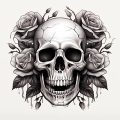 Detailed black and white pencil sketch of a human skull with cracked bone texture, framed by dark, beautifully blooming roses and foliage.