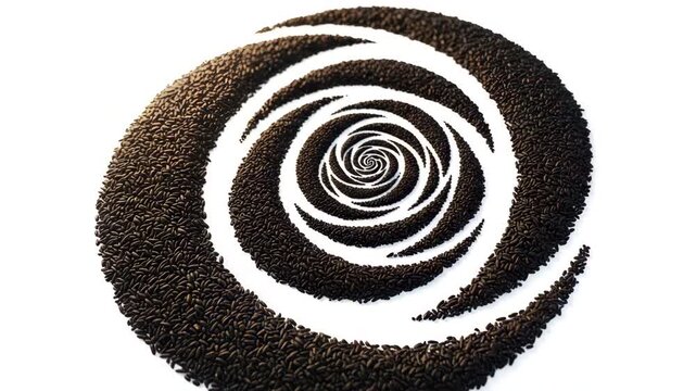 Abstract spiral pattern made of black rice isolated on white background