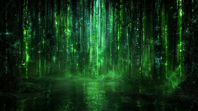 Futuristic neon green digital jungle with glowing data streams, vines, and cityscape reflections on water surface.