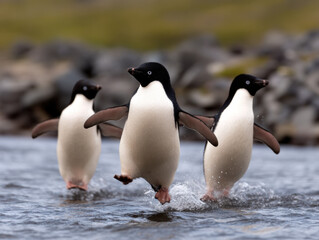 Obraz premium Three playful penguins jump through water, showcasing their lively nature against a backdrop of rocky terrain.