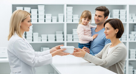 Obraz premium Happy Family Receiving Medication From Pharmacist In Pharmacy