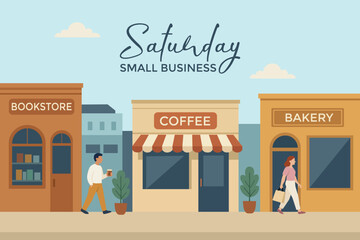 Small Business Saturday. Flat vector illustration with local shops including bookstore, coffee shop, and bakery. People walking and supporting local businesses in a friendly urban street scene