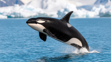 Fototapeta premium An orca leaps out of the water, showcasing its striking black and white colors against a backdrop of icy waters and distant icebergs.