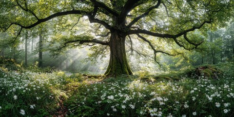 Fototapeta premium Sun-drenched forest clearing with majestic tree and wildflowers