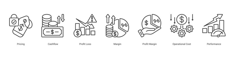 Financial Performance Metrics line banner web icon set vector illustration concept with icon of pricing, cashflow, profit loss, margin, profit margin, operational cost, performance