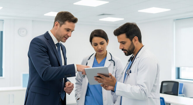 Medical Doctors and Businessman Reviewing Digital Tablet in Clinic Office - Powered by Adobe
