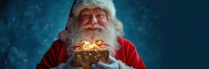 A man in a red suit holds a glowing gift box against a dark, bokeh background. Concept of holiday generosity, surprise, and festive celebration.