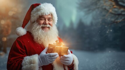 A smiling Santa Claus holds a golden gift in a warmly lit, snowy setting. Concept of holiday generosity, festive cheer, and the magic of Christmas gifting.