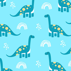 dinosaur brontosaurus vector cartoon seamless pattern design for kids apparel blue fullprint fabric © Rizki