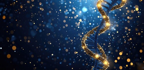 Glowing DNA helix amidst blurred golden particles