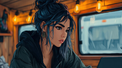 Digital nomad working on budget in cozy van, focused and immersed in her tasks, surrounded by warm lighting