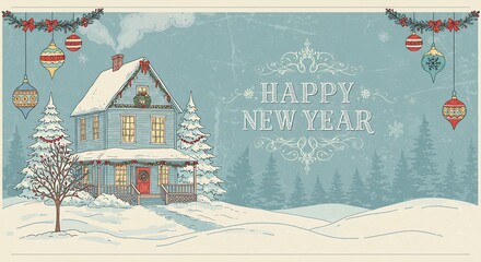 Charming snowy winter scene featuring a cozy house, snow-covered trees, and festive decorations