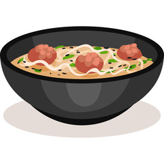 Pixel Art Bowl of Noodles with Meatballs and Green Onions on a Transparent Background