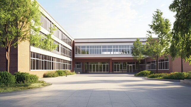 Classic american public school building with brick facade and large windows under clear blue sky