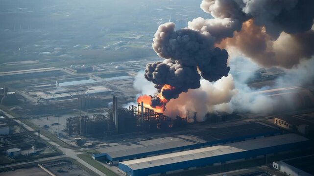 Industrial complex with a large explosion and thick smoke at sunrise factory plant