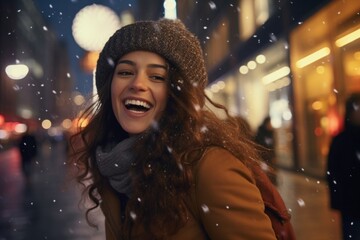 Fototapeta premium Festive winter laughing outdoors motion.
