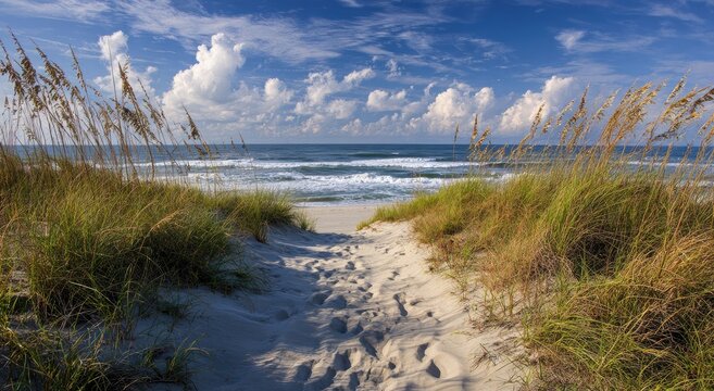 Grassy path to beach. Waves, sky, clouds. Beauty