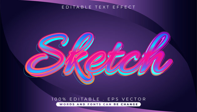 Vibrant 3D sketch script text effect with a colorful neon glow and gradient style on a dark background. Fully editable vector