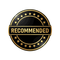 Circular black and gold badge with the word recommended in the center, surrounded by stars