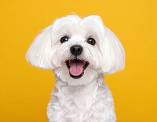 Cute Maltese dog with fluffy white fur and joyful expression against a bright yellow backdrop, perfect for pet-themed designs.