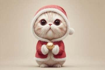 Cat character in Santa outfit holding a small golden ornament on a plain pastel beige background