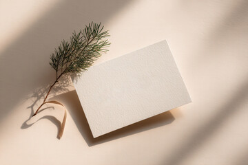 Note card placed beside a thin ribbon and pine twig on beige background