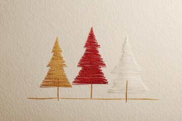 Illustration of three small Christmas trees on pastel beige background