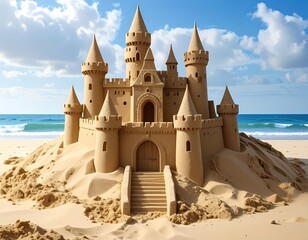Stunning sandcastle on a sunny beach with ocean waves and a clear blue sky, showcasing intricate details and creativity.