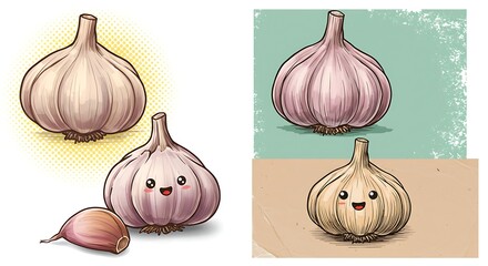 Charming illustrated garlic bulbs with varying styles on a plain white, green, and brown background