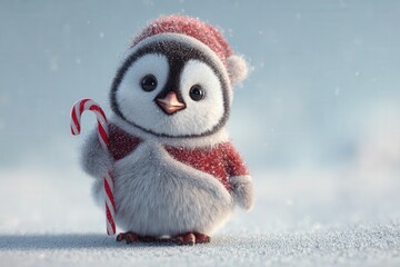Penguin dressed in a Santa outfit holding a candy cane standing on a snowy surface