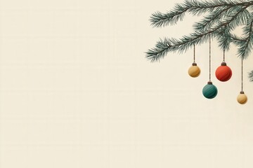 Illustration of a simple Christmas tree branch with hanging ornaments on cream background