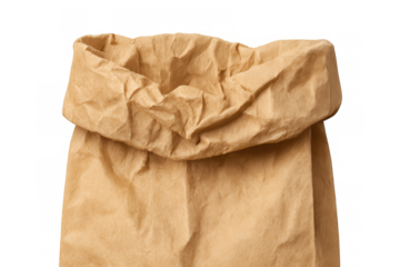 Brown paper bag opening for food takeout or online shopping delivery, sustainable package on transparent background