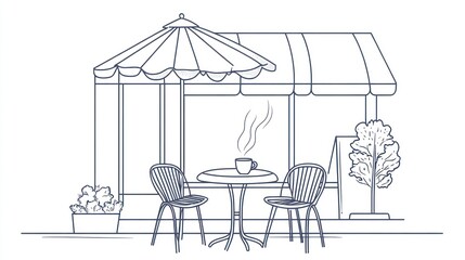 Empty table and chairs outside cafe with steam from cup, illustration use