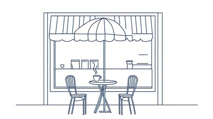Outdoor cafe sketch with table, chairs, umbrella. Use for design mockups