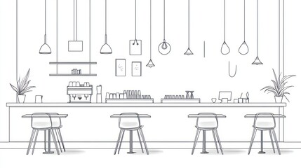 Line drawing of cafe interior with counter, stools, coffee machine, and hanging lights