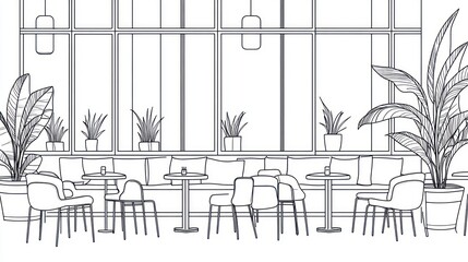 Interior sketch cafe seating with tables, chairs, plants by windows. For design use