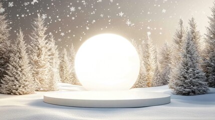 Snowy forest winter scene, glowing sphere on platform, holiday background, product display