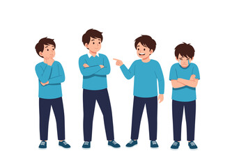 Obraz premium Four boys in blue shirts and dark pants with different expressions.