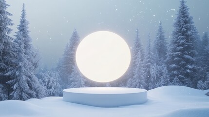 Winter snow scene with illuminated platform, snowy forest background; product display