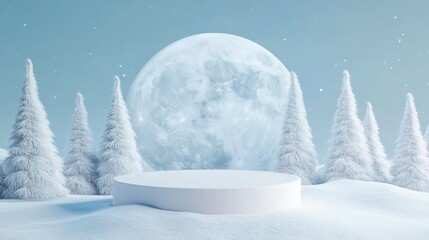Winter product display, snowy forest, moonlit night, holiday season