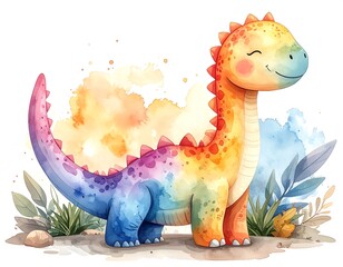 Cheerful, colorful dinosaur illustration with watercolor effects and a playful background of plants