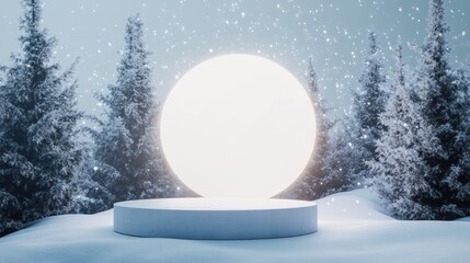 Snowy winter forest scene with illuminated stage